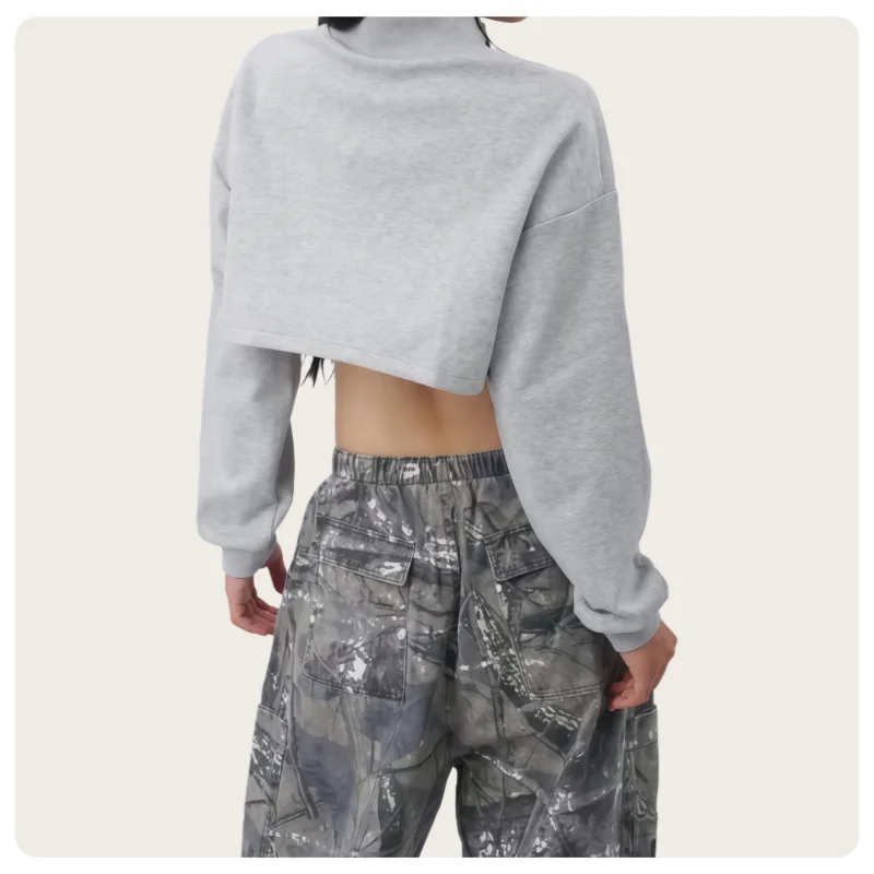 Koreanischer Streetdance-Stil Damen Grau-Schwarzes Locker Sitzendes Kurzes Crop-Top Reißverschluss-Sweatshirt – Detail 4