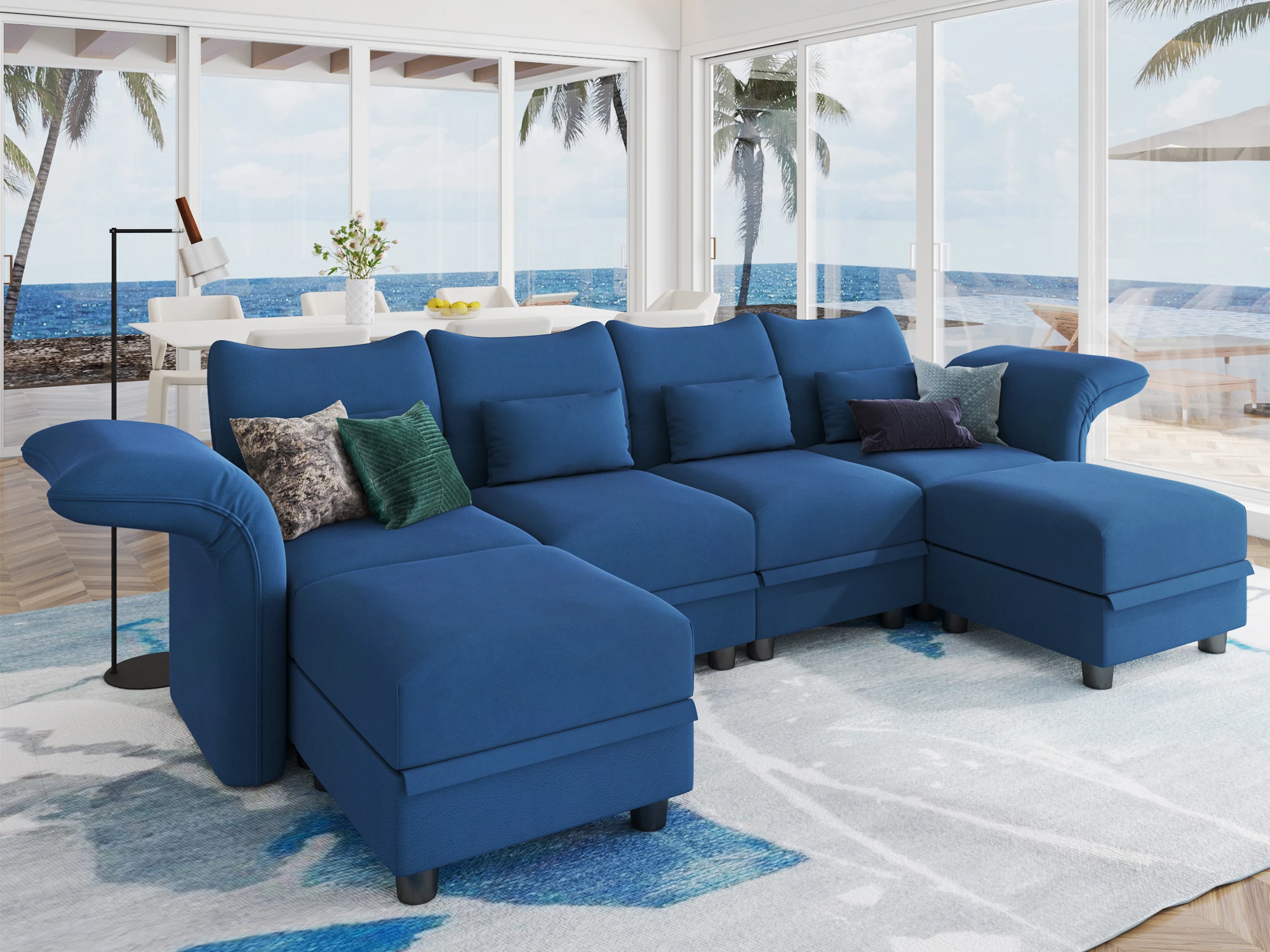 Convertible Modular Couch Velvet Fabric Sectional Sofa 6 Seat Larger U Shaped Couch Modular Sofa Set with Storage, Blue