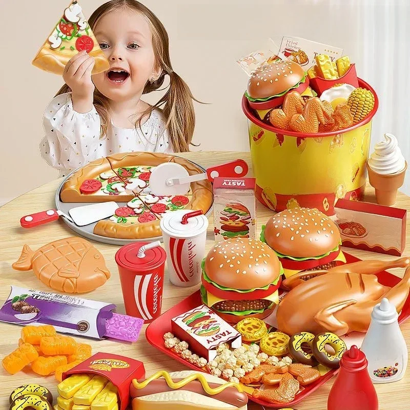 Kid Kitchen Toy Set Simulation Make Hamburger Pizza Fries Pretend Play Food Cooking Cutting Game Montessori Interactive Toy Gift