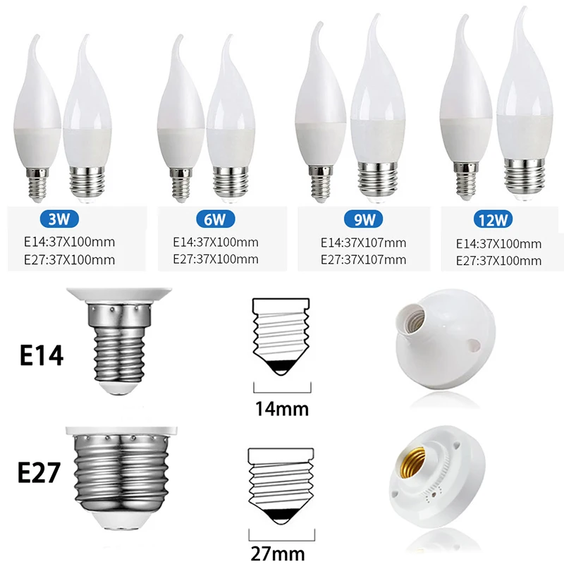 6Pcs led Light bulb E14 E27 LED Lamp Indoor Warm Cold White Light 3W 6W 9W 12W 15W 220V LED Candle Bulb Home Decor Chandelier