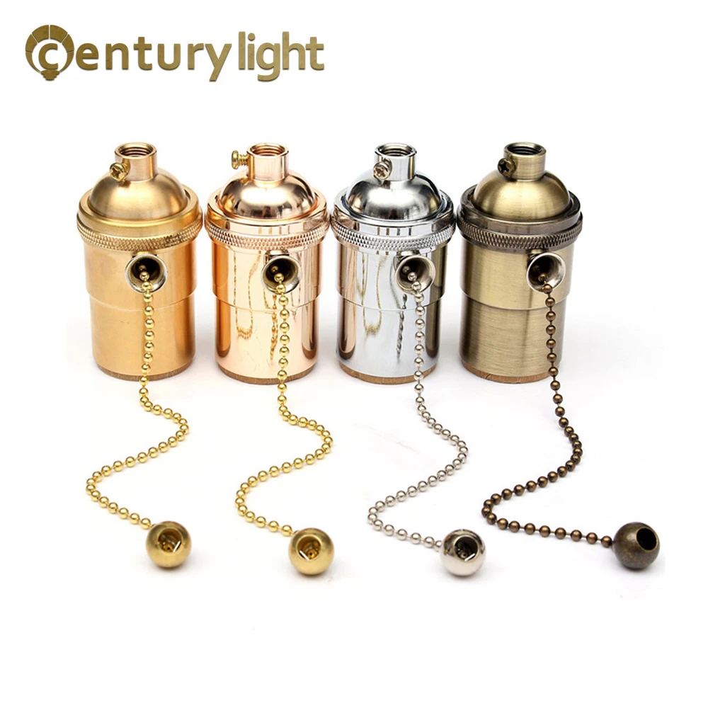 2pcs Retro Lamp Base Brass E27 With Chain Switch E26 Lamp Holder Metal Shell DIY Industrial Pendant Antique Copper Bulbs Sockets