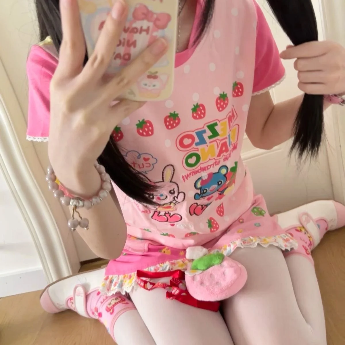 Japanische Kawaii Cartoon-Print T-Shirts Harajuku Kontrast-Patchwork Spitzen-Feen-T-Shirt Damen Y2k Ästhetik Grunge Cropped Tees – Detail 3
