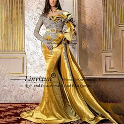 Gold Velvet Mermaid Prom Dresses Sequins Appliques Long Sleeves Formal Evening Party Gowns Pleat Detachable Train Robe De Soiree