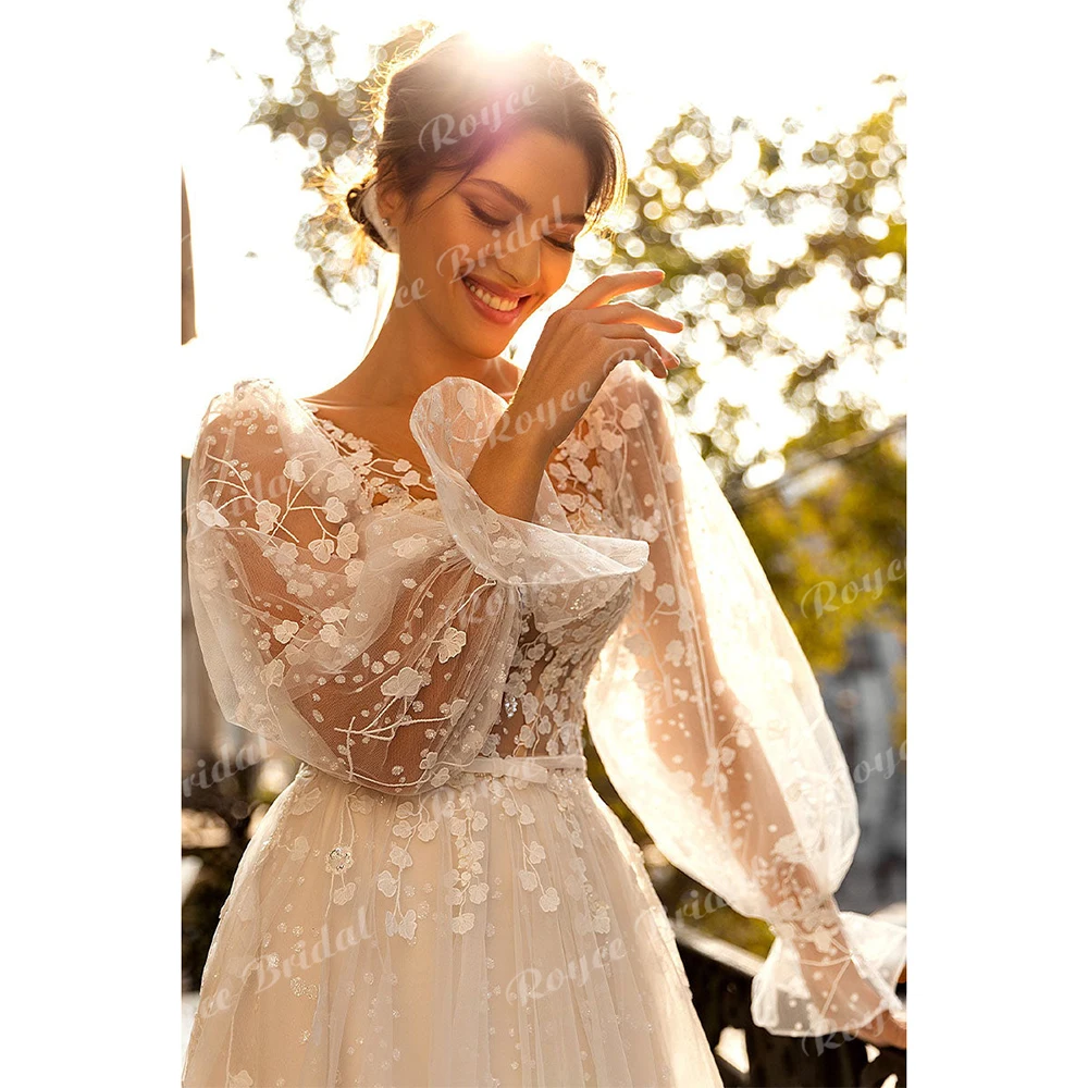 Romantic Flower Lace Wedding Dress Princess Bridal Gown Long Sleeves V Neck See-through A Line Sweep Train Wedding Dress vestido