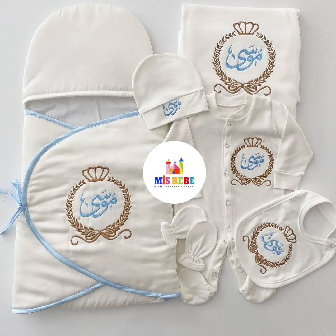 Personalized 6-Piece Newborn Baby Clothing Set - Antibacterial Fabric | Includes Swaddle, Blanket, Overalls, Hat, Gloves, Bib |