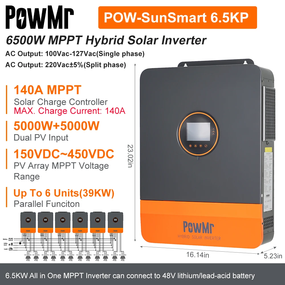 PowMr 6.5KW Hybrid Solar Inverter 48V to 120/240VAC Output With Dual MPPT Tracker 140A Charger Max Panel 550V Input Lith Battery