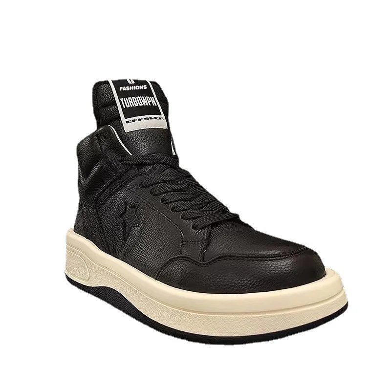 full grain leather high top white sneakers breathable comfy thick sole versatile casual shoes in stock view 5
