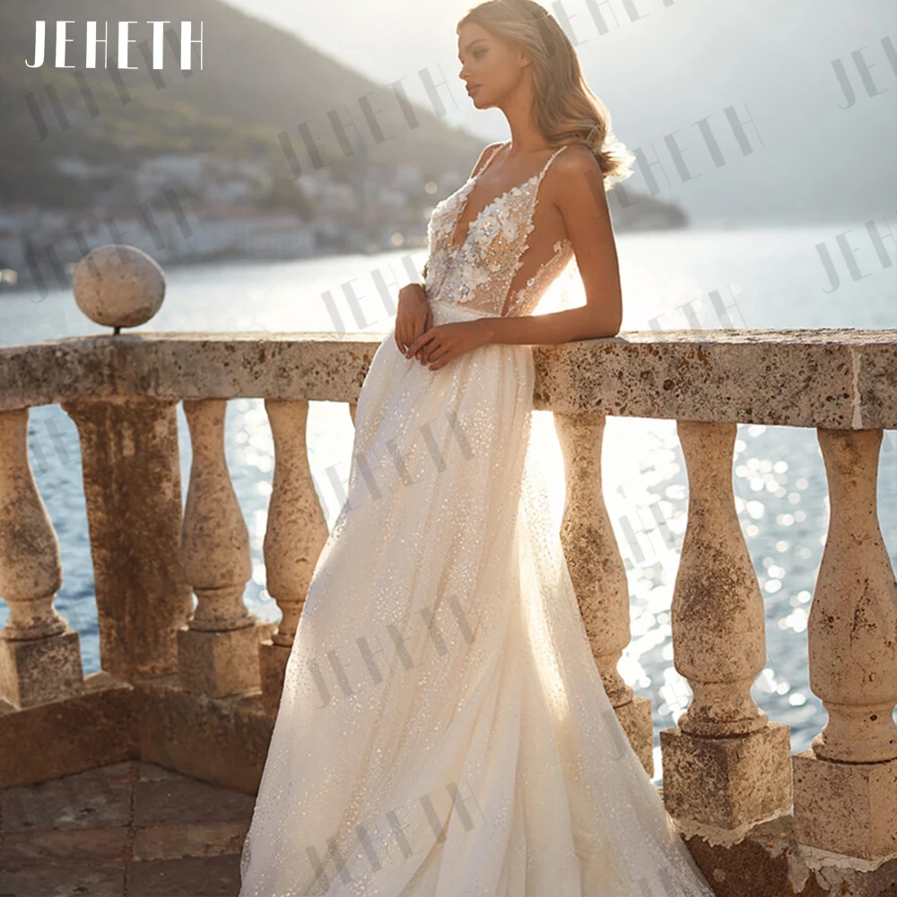 JEHETH abito da sposa scintillante di lusso Boho Glitter paillettes Backless abiti da sposa senza spalline Appliques Tulle muslimah Abito da sposa in stile bohémien Spiaggia, abito da sposa Abito da sposa sul retro Un