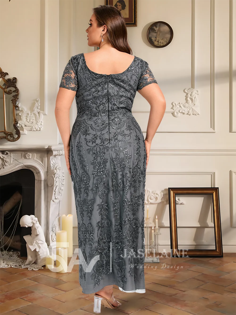 Evening Dress Women's A-Line Boat Neck Ankle-Length Lace Gown Sequined Short Sleeve Summer Formal Prom Wedding Party Dresses