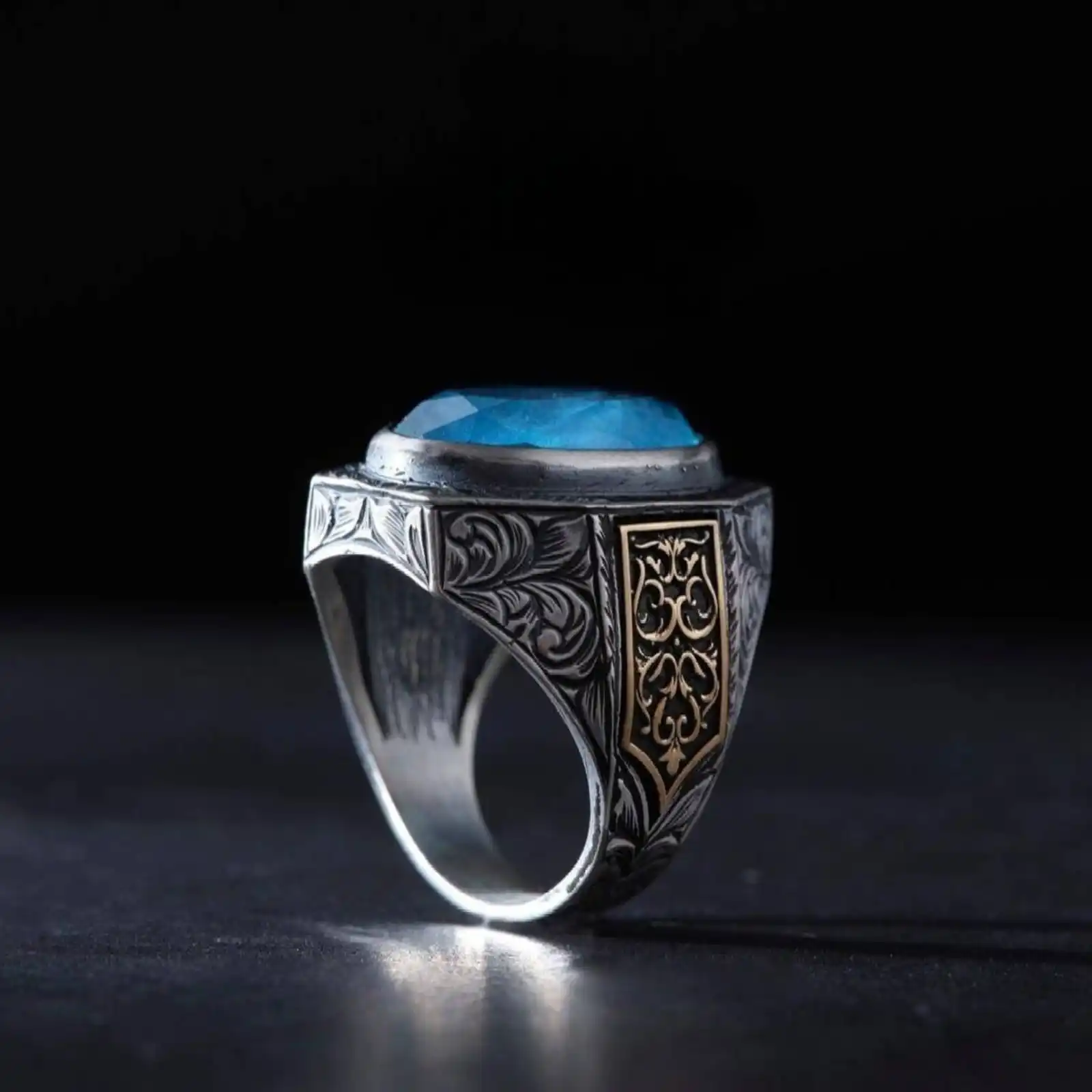 Handcrafted Silver Ring with Turquoise Stone & Floral Design - Handmade Jewelry - Turkish Handcrafted Ring