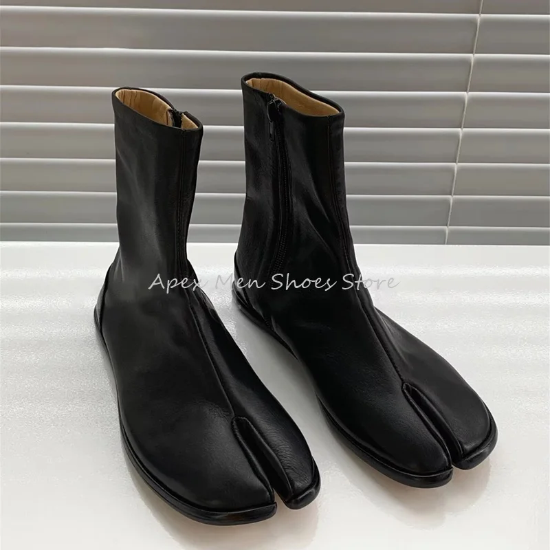 Trendy Tabi Flat Men's Boots Side Zipper Split Toe Genuine Leather Casual Boots Popular Soft Leather Comfortable Work Boots