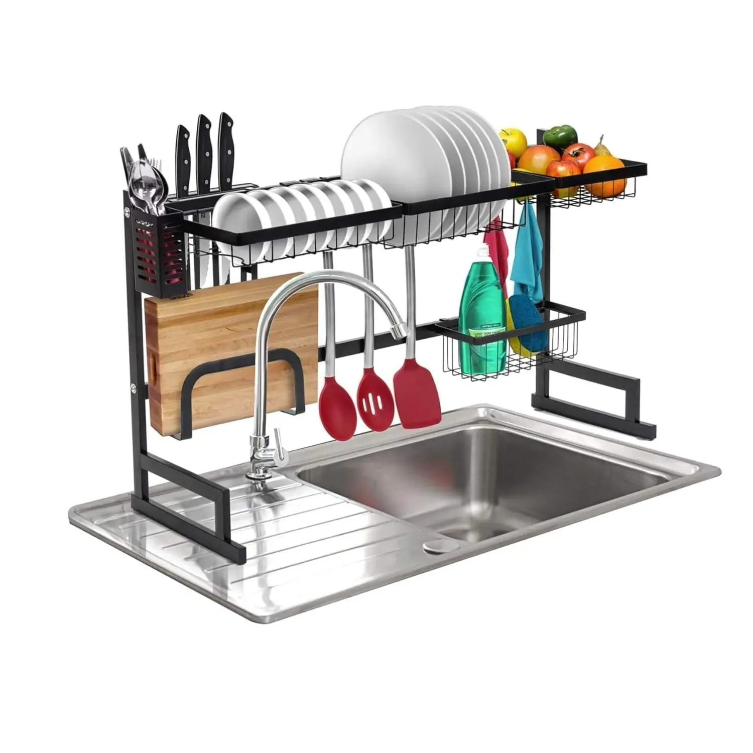 Over The Sink Dish Drying Rack,Stainless Steel Dish Drainer,Suitable for 95cm Sink length,with Drip Tray & Cutlery Basket