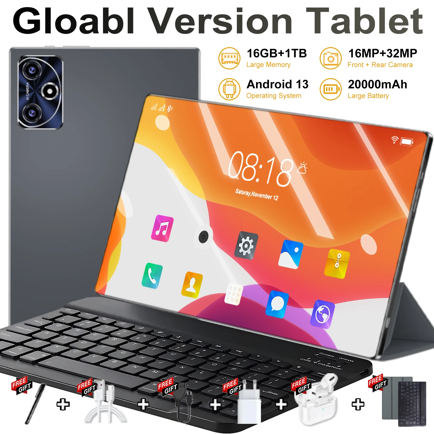 Tablet Nueva Versión Global 2026, 16GB+1T, Pantalla HD 4K de 10.36 Pulgadas, Android 13, 20000mAh, 5G, Doble SIM, Llamadas Telefónicas, WiFi, GPS, WPS