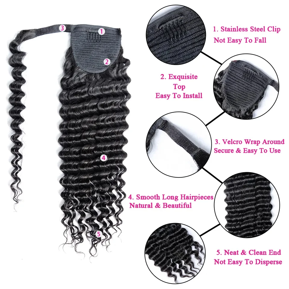 Deep Wave Ponytail Human Hair Extensions For Women Wrap Around Deep Curly Ponytail Brazilian Virgin Human Hair Clip In Ponytail
