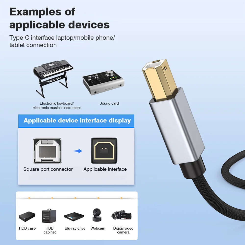 Printer USB Cable, Lightning Cable to USB-B 2.0 MIDI for MacBook Pro, Nylon Braided for Yamaha Casio Digital Piano view 2