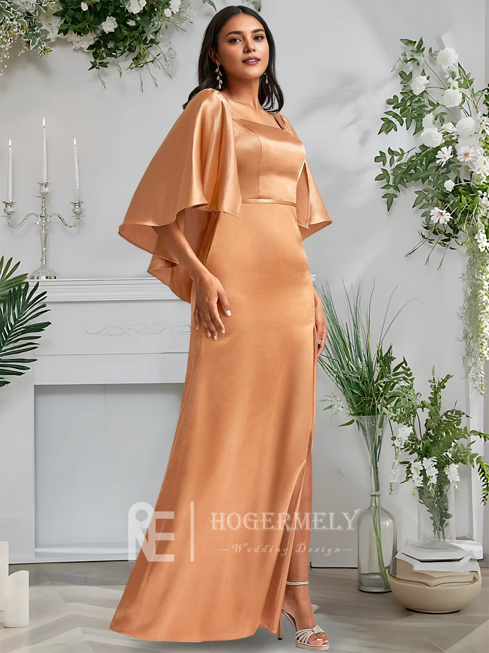 A ​ ​ Gaun Pengiring Pengantin Satin Melar Panjang Lantai Persegi A-Line Bronzer Mewah dengan Jubah Koktail Tamu Pesta Pernikahan 2025 ​