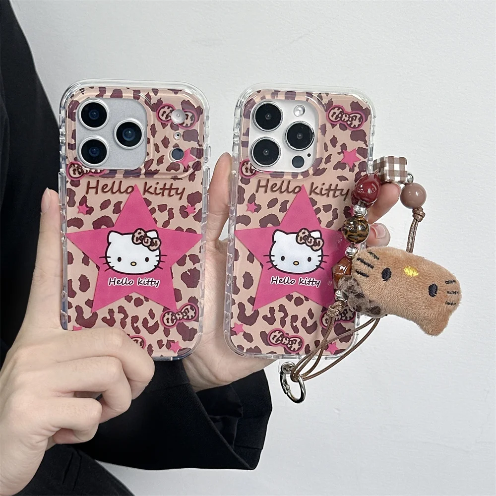 

New Cute Leopard Pattern HelloKitty Phone Case with Hanging Rope, Compatible with iPhone 17 Promax 14, 15, 16 13Pro Max Prot