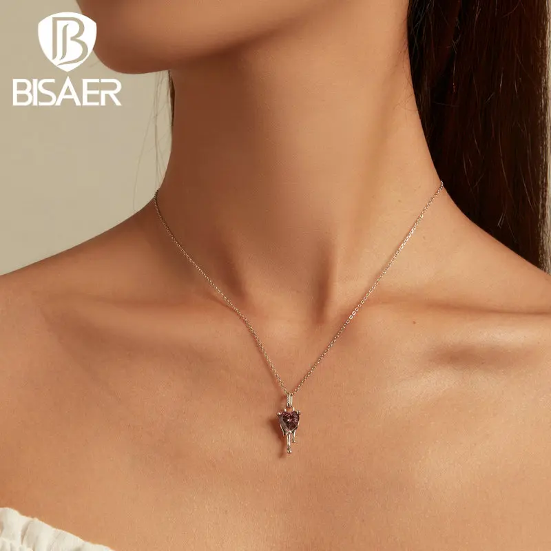 BISAER 925 Sterling Silver Pink Heart Jewelry Set Heart Zircon Irregular Drop Necklaces & Earrings For Luxury Party Fine Jewelry