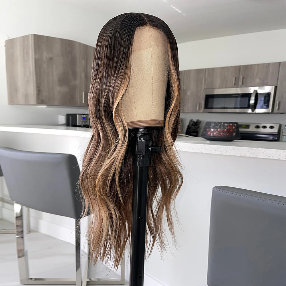 Perruque Full Lace Wig naturelle à reflets bruns, cheveux bruts, 13x6 pouces, sans colle, HD, densité 100%, légèrement ondulée, 26 pouces