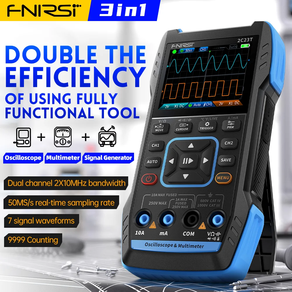 FNIRSI 3 in 1 Digital Oscilloscope Multimeter Dual Channel 50MS/s Sampling Rate 10MHz*2 Bandwidth Function Signal Generator