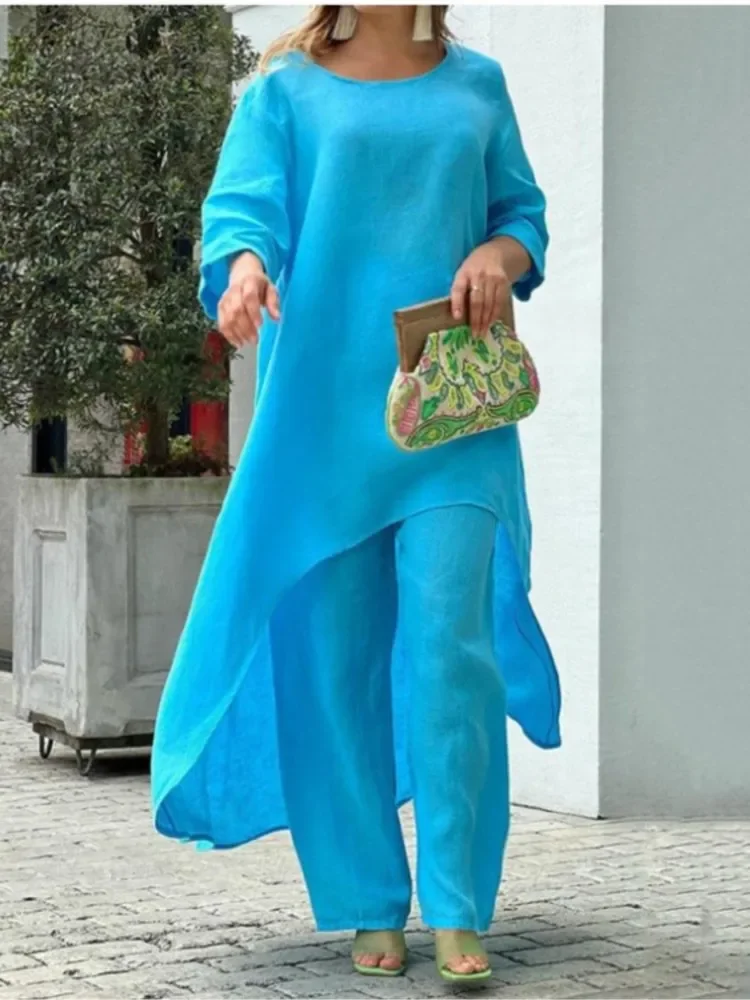Damskie bawełniane lniane długie spodnie Zestawy Moda Solidne Casualowe Nieregularne Topy Szerokie nogawki Garnitury biurowe Lady Dwuczęściowe zestawy ubrań — zdjęcie 2