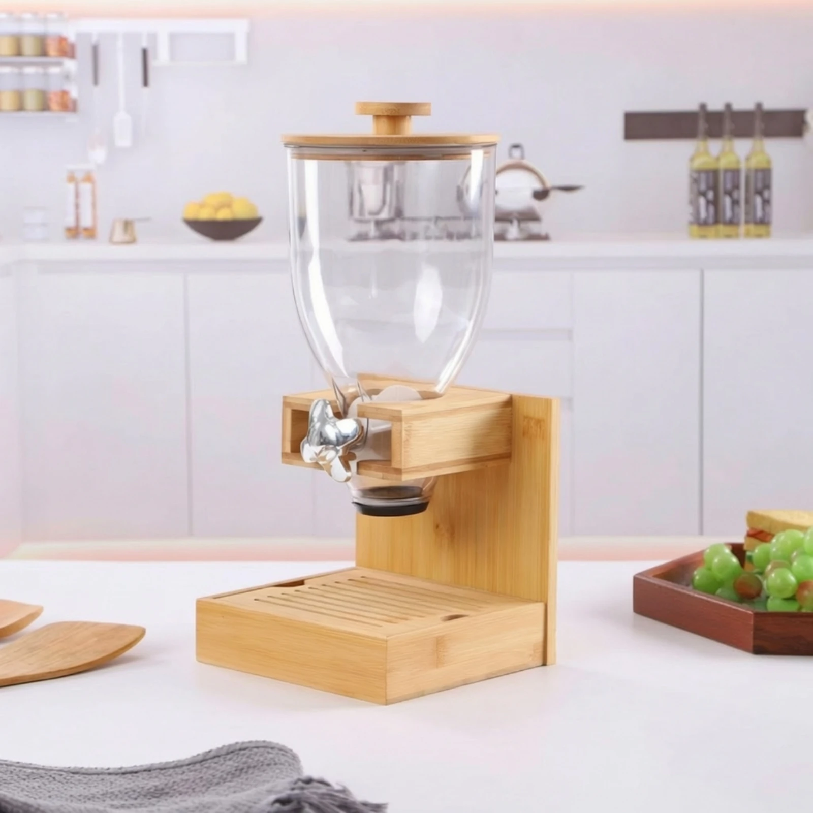 Wooden-Base Grain Dispenser Container Multi-purpose Storage Container for Rice Flour Coffee Beans with Wooden Base