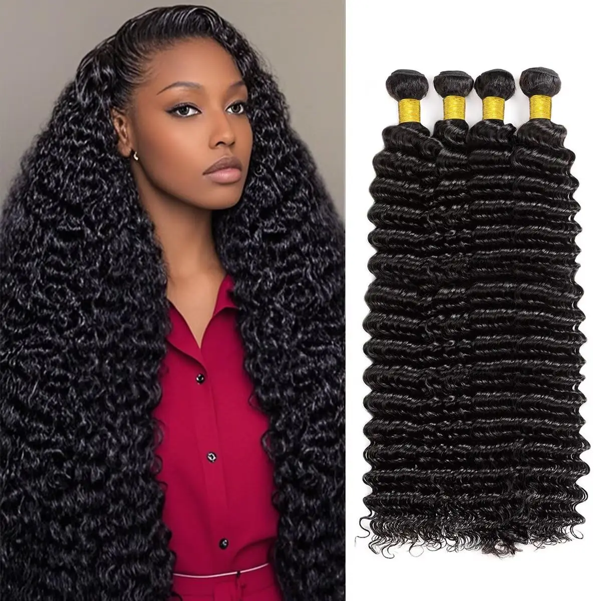 

12A Пучки человеческих волос 24 26 28-дюймовые пучки глубоких волн Человеческие волосы 100% необработанные бразильские девственные глубокие вьющиеся плетения 3 пучка