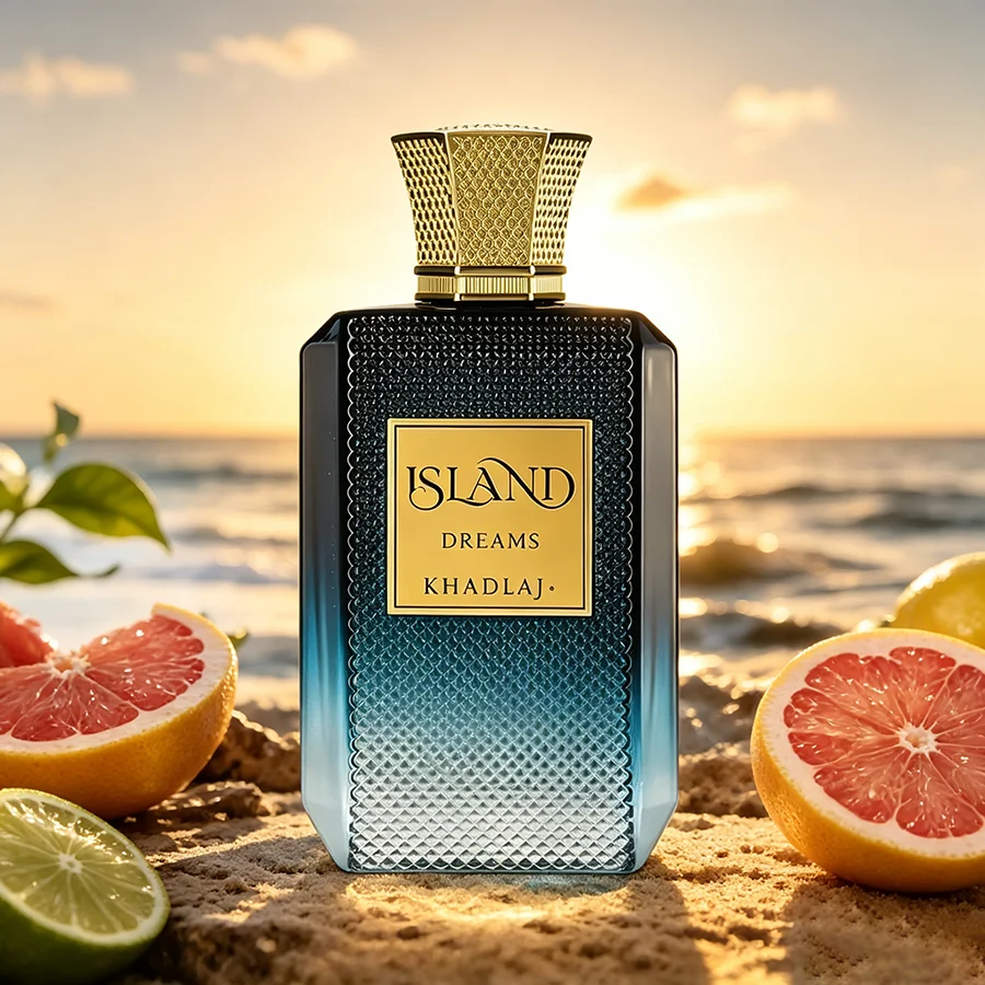 Parfum délicieux Khadlaj Island Dreams 100ml 3.3 FL OZ, eau de parfum longue durée, vaporisateur de parfum frais au gingembre, bergamote et musc.