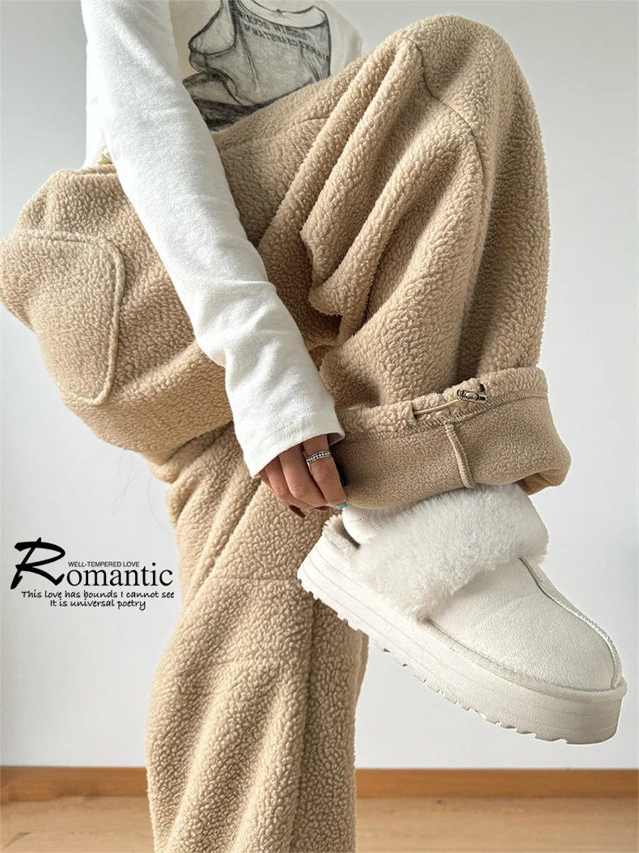 فضفاض الدفء القطبية الصوف السراويل عارضة الشتاء سميكة كل مباراة السراويل الرياضية Y2K الشارع الشهير واسعة الساق Sweatpants الكورية الشارع الشهير