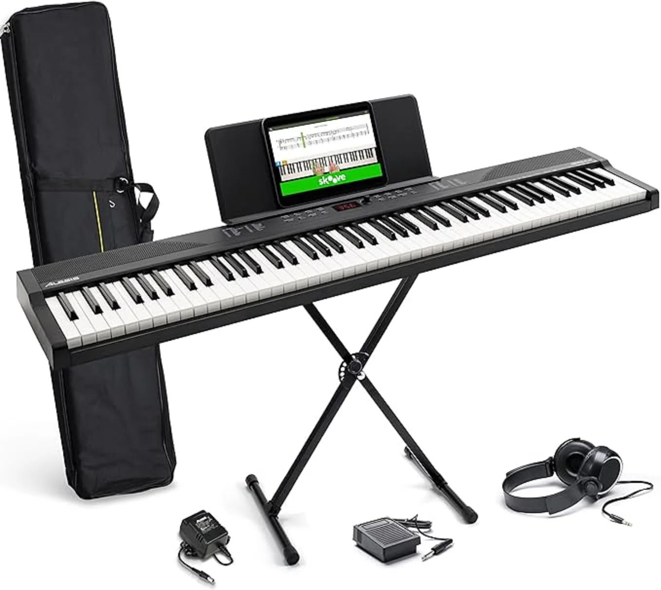 Alesis 88 Key Keyboard Piano مع 480 صوتًا ومكبرات صوت وUSB MIDI وحقيبة حمل وحامل وسماعات الرأس ودواسة ودرسات البيانو لـ Begi