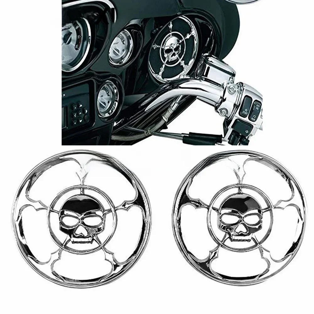 Akcesoria motocyklowe 5-1/2 "chromowana czaszka głośnik tapicerka osłona grilla dla Harley Touring 2014-2023 Electra przemieszczanie się po ulicy Trikes — zdjęcie 2
