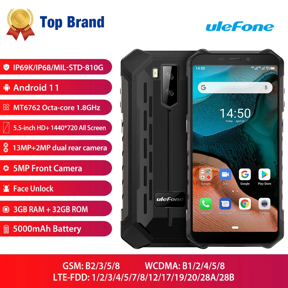 Ulefone-Armor X5 Rugged Smartphone, Android 11, Octa-core, NFC, IP68, 3GB, 32GB, 5000mAh, 4G LTE, Waterproof Mobile Phone