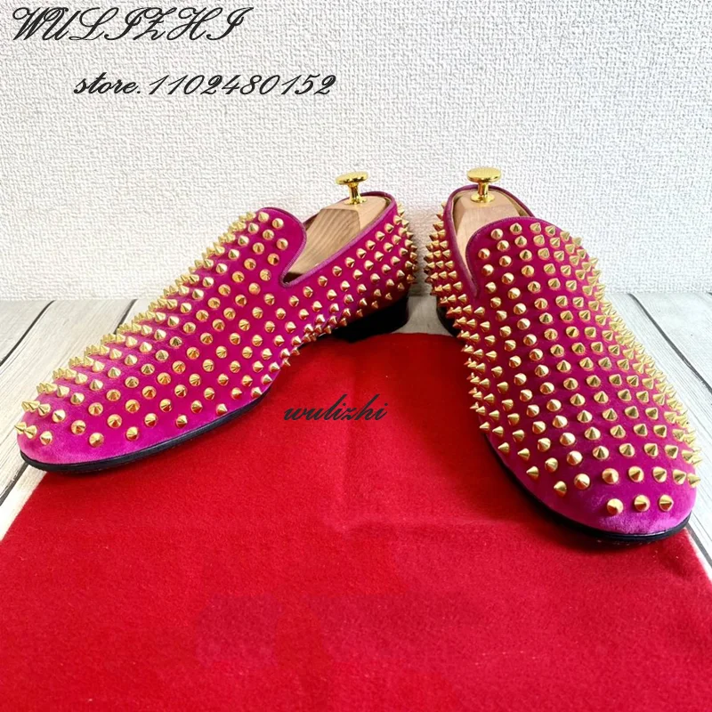 Purple Suede Gold Rivet Loafers Men Flat Casual Crystal Sequin Party Sneakers Wedding Mules Spring Polka Dot Casual Red Shoes