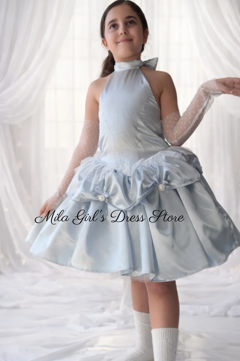 Simple Halter Blue Flower Girl Dresses Sleeveless Satin Mini First Communion Gowns Backless Child Ceremony Girl Dress 2026