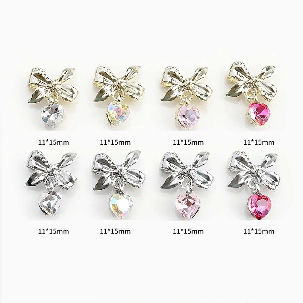 10Pcs New Bow Pendant Nail Art Charms 3D Alloy Bowknot Heart Crystal Metal Nail Decoration Light Luxury DIY Nail Accessories