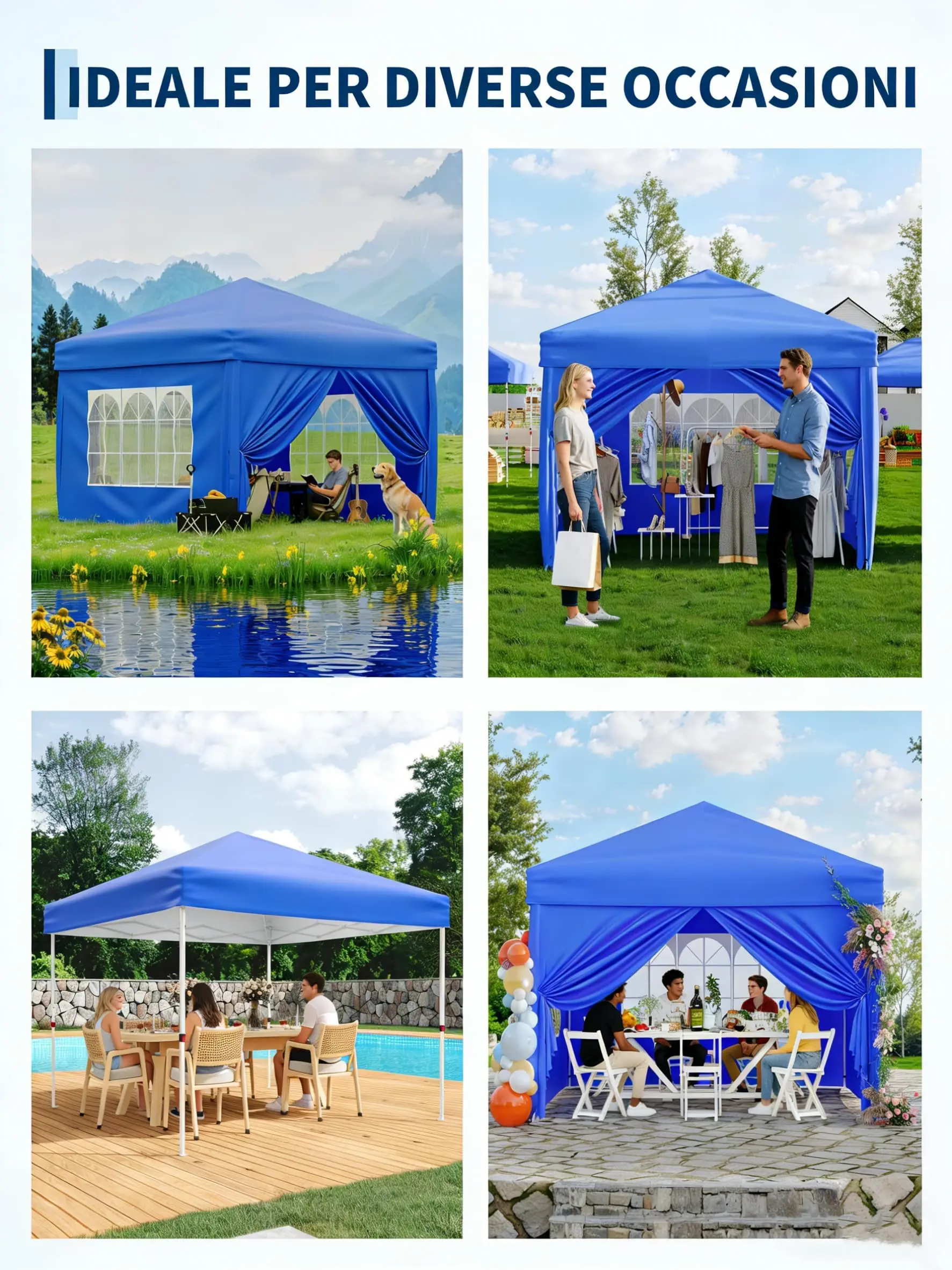 Pavillon Pop-Up 3x3m Imperméable et Stable, Pavillon Pliable avec Hauteur Réglable et Panneaux Latéraux Amovibles, Protection Solaire UV50+, Pavillon de Jardin pour Jardin, Patio, Camping, Marché et Fêtes, Bleu