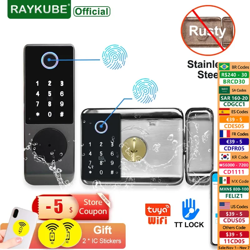 

RAYKUBE W7 Stainless steel Double Fingerprint Lock Outdoor Gate Waterproof TT Lock/ Tuya Smart Door Lock Digital Electronic Lock