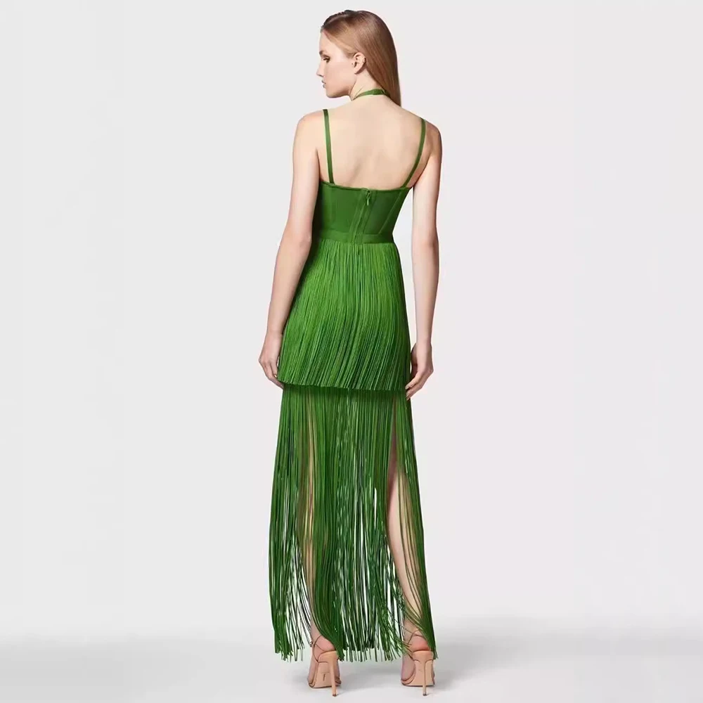 Ailigou 2024 New Women\'S Green Sexy Sleeveless Tight Fringe Long Bandage Dress Elegant Celebrity Party Evening Dress