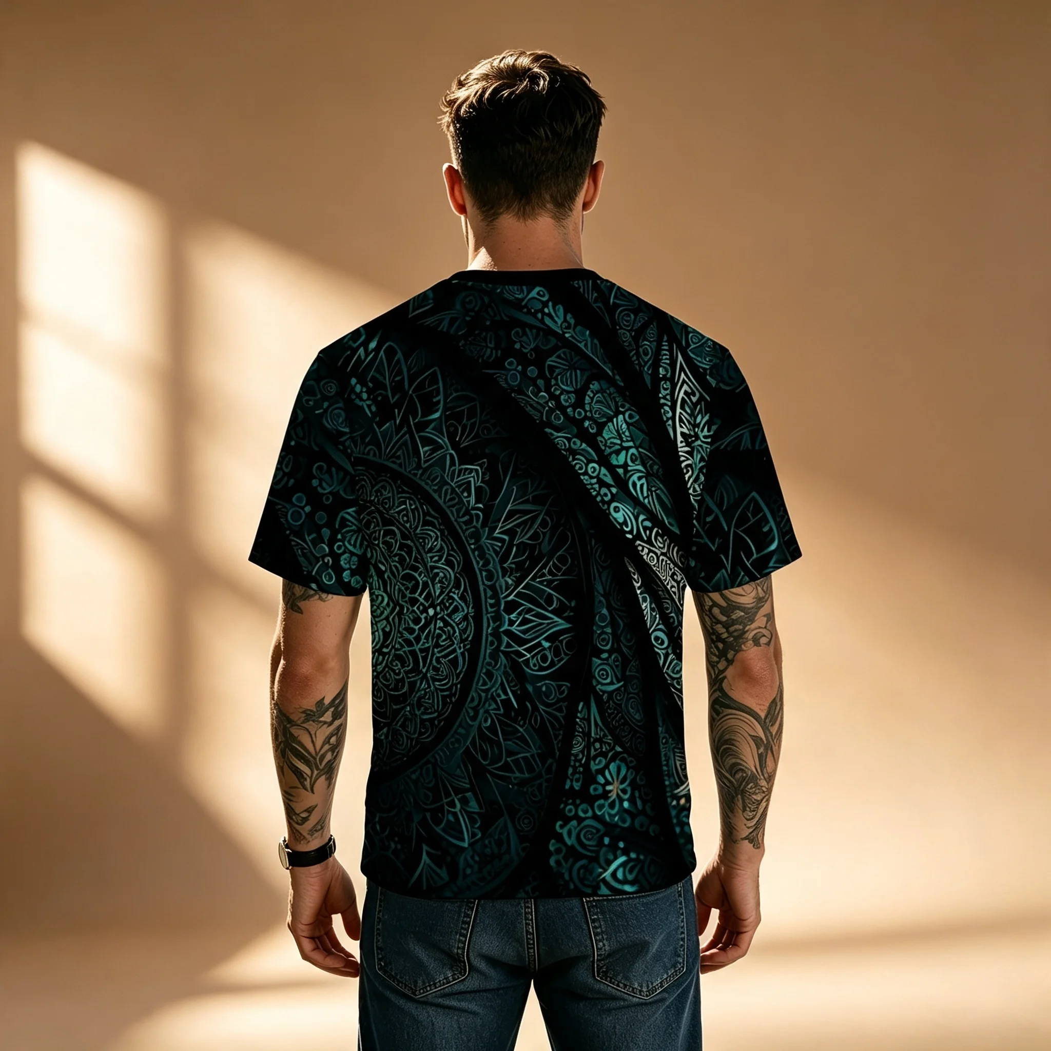 3D All Over Print Bohemian Mandala T-shirt For Men Black Teal Geometric Short Sleeve Loose Casual Streetwear Summer Tee