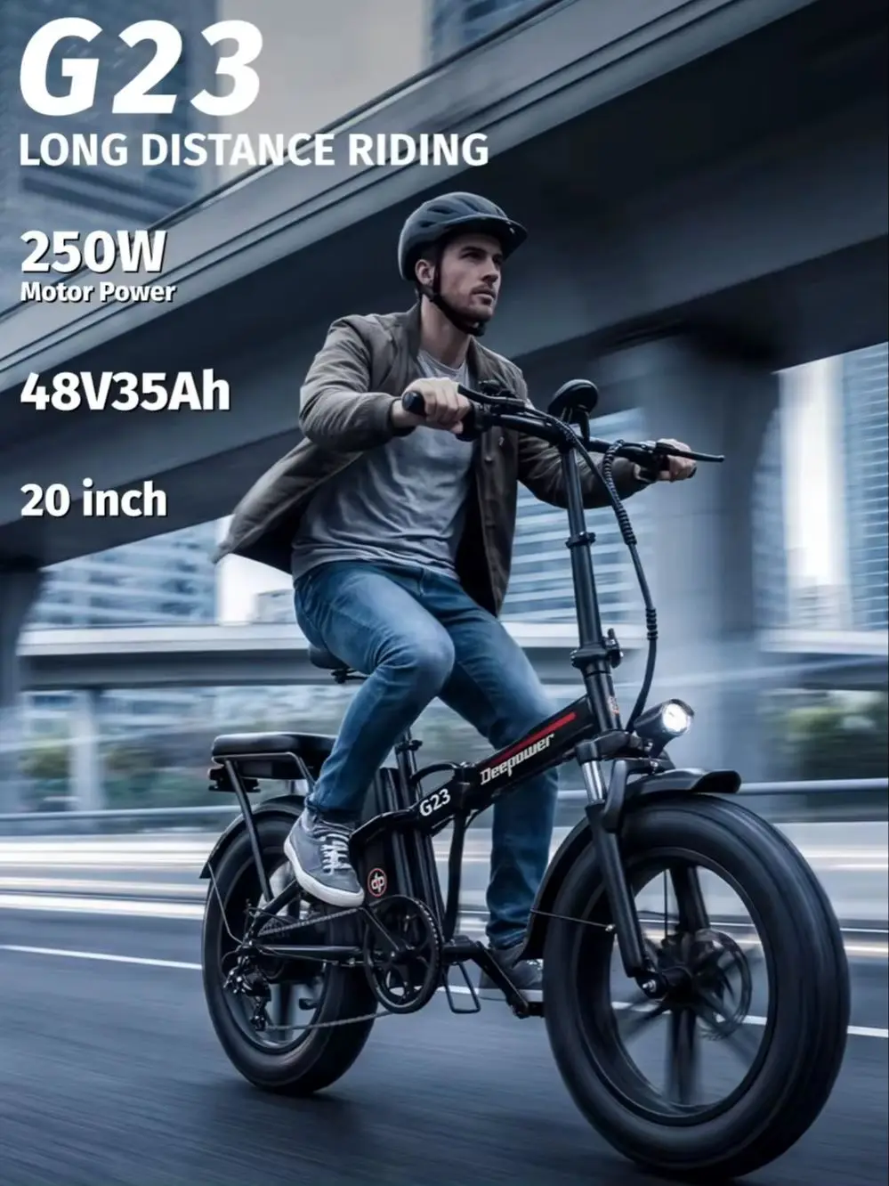 DEEPOWER G23 – elektryczny rower o mocy 250 W, wyposażony w wyjmowaną baterię 48 V o pojemności 17,5/25/35 Ah, zasięg dojazdu 140 km, szerokie opony 20*4.0, hamulce mechaniczne, hydrauliczne — 2