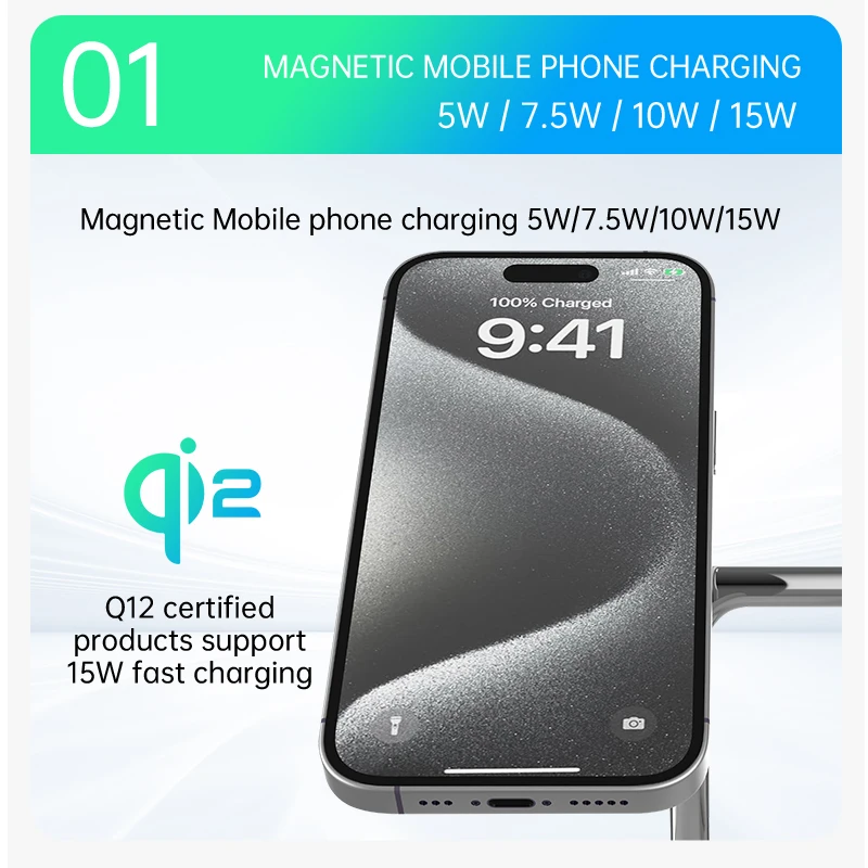 QI2 3 in 1 Magnetic Wireless Chargers For iPhone 16 15 14 13 12 Fast Charging Station For Apple Watch Airpods 2 3 4 stand - náhled 4