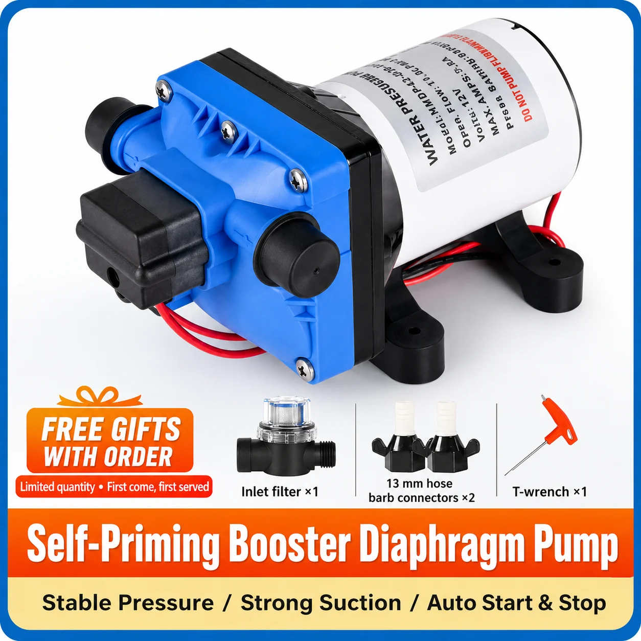 12V24V Self-Priming Water Pressure Booster Diaphragm Pump with Auto Pressure Switch for RV Marine Boat Caravan