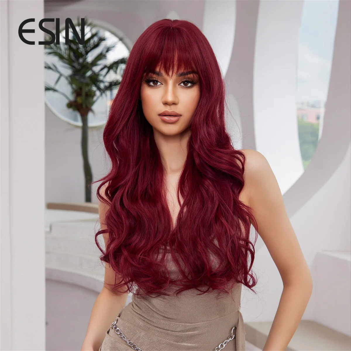 ESIN Synthetic Long Curly Wavy Red Wig with Bangs Fluffy Wigs for Women High Temperature Daily Cosplay Hair