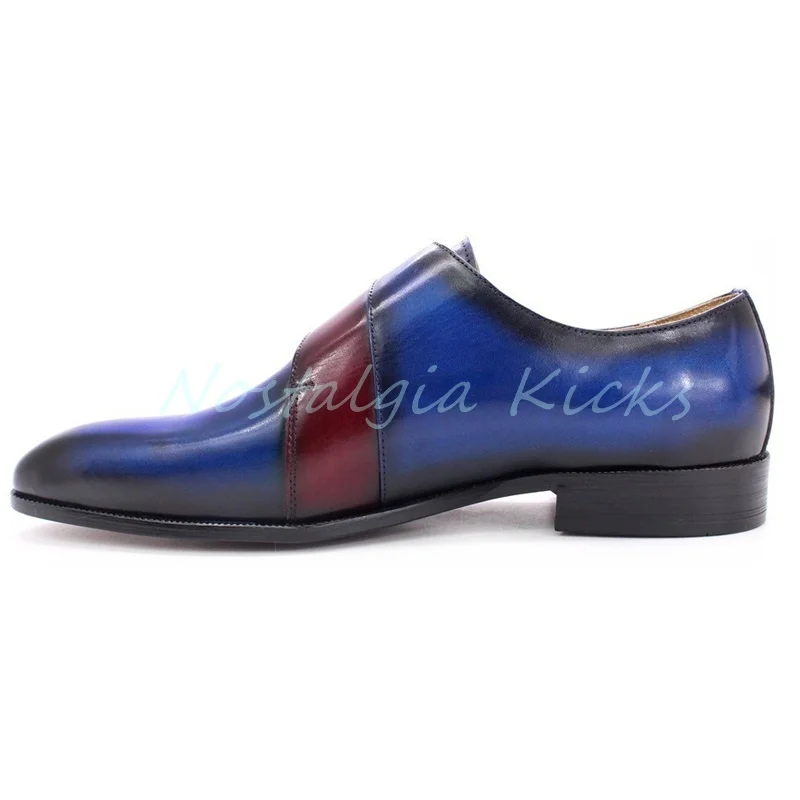 Luxury Blue Patent Leather Double Buckle Oxford Shoes Men's Monk Pointed Toe Dress Shoes Vintage Wear-Resistant Office Shoes