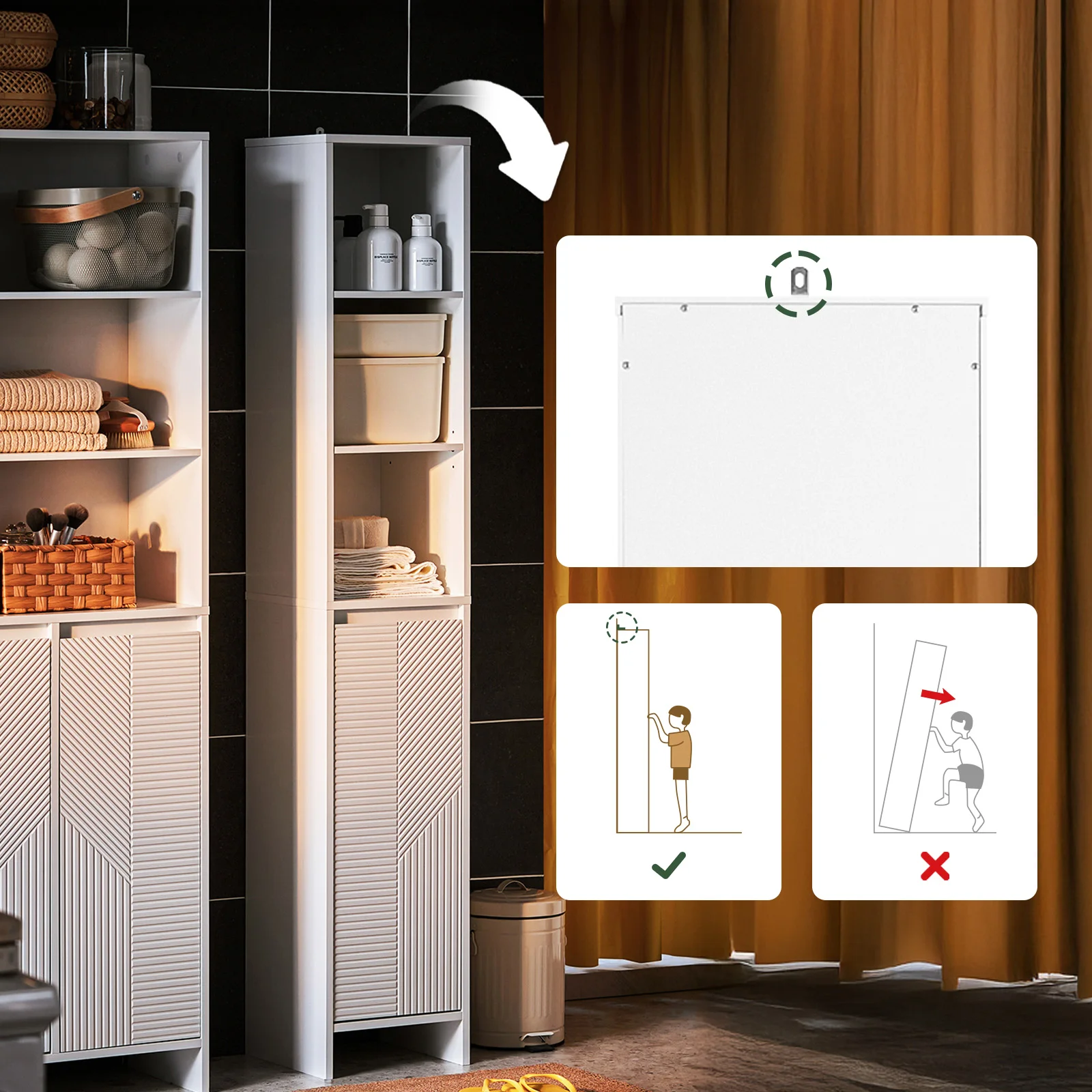 SoBuy BZR158-W Badezimmerschrank Hoch mit Wäschekorb & verstellbaren Regalböden aus MDF, Offene Ablagen für kleines 30x170x30cm – Detail 3