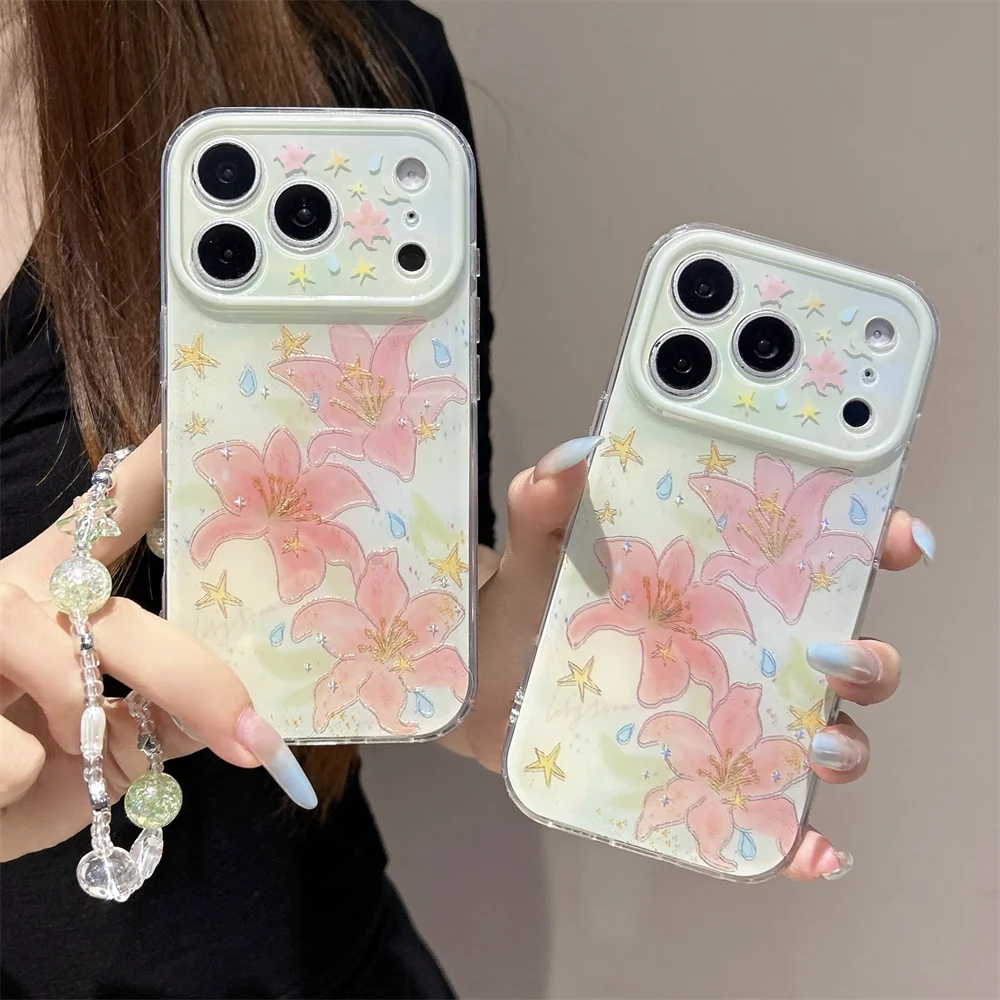 

New Cute Gilded Lily Flower Hanging Case Suitable for iPhone 17 Pro, 13, 14, 15, 16 Pro Max, All in One Anti Drop Package
