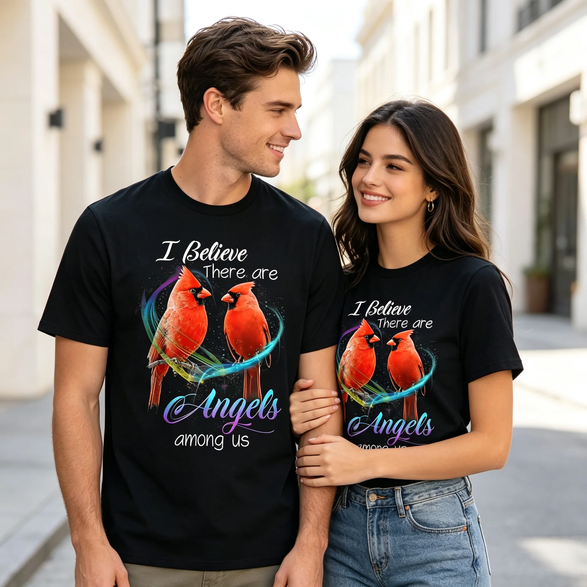 I Believe There Are Angels Among Us Graphic T‑Shirt, Red Cardinal Bird Spiritual Art Print Tee, Remembrance Memorial Inspirational Casual Short Sleeve T‑Shirt
