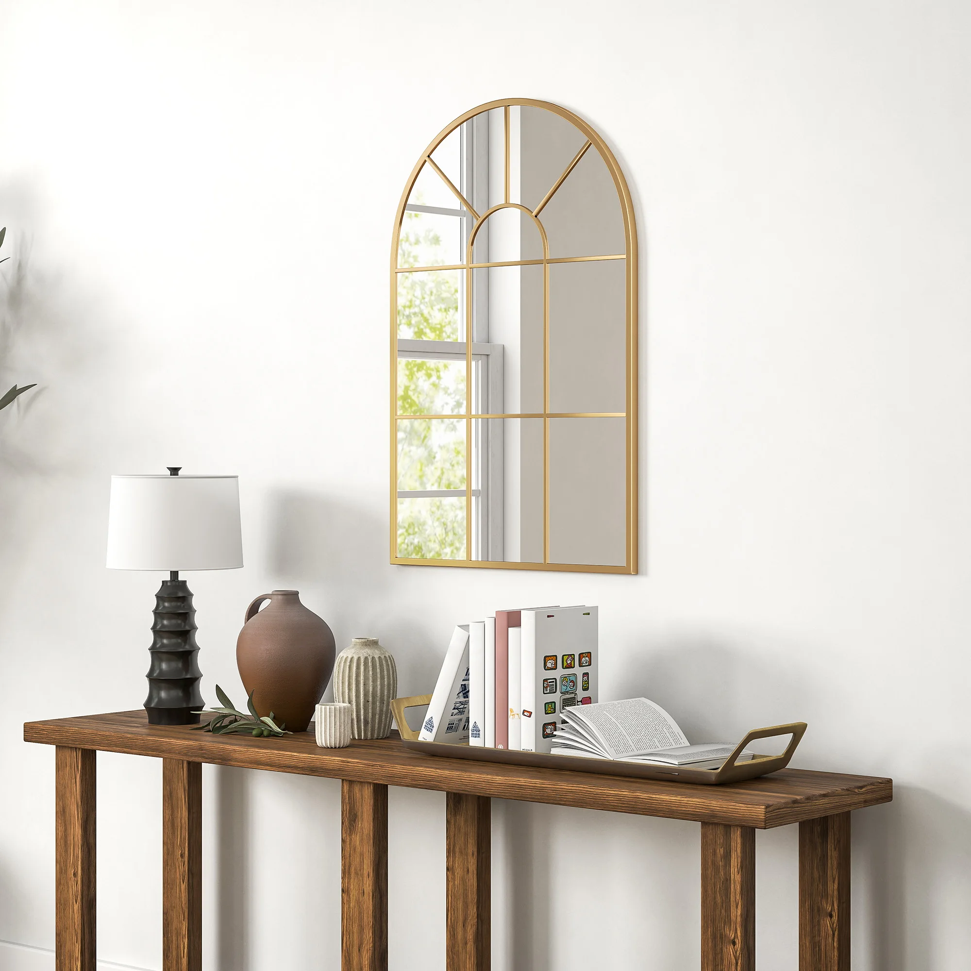 Dekorativer Bogenförmiger Gitter-Wandspiegel, Goldton-Fensterspiegel, Vielseitige Wohnraumdekoration für Wohnzimmer, Flur, Eingangsbereich & Schlafzimmer