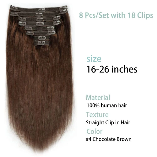 Imagen 2 del producto Extensiones de cabello con Clip, cabello humano Remy para mujer, extensiones de cabello humano liso y sedoso, 120g por paquete de Color # 4 Marrón Medio
