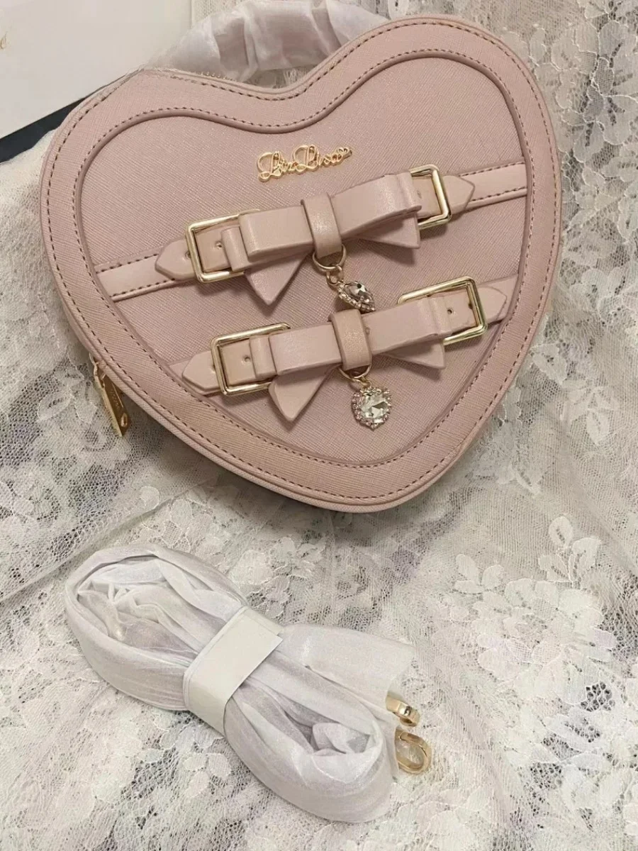 Japońska torba Liz Mine Lolita Love Rhinestone Bow Crossbody Handbag Women Girls Sweet Heart Shaped Pink Pu Shoulder Bag — zdjęcie 2